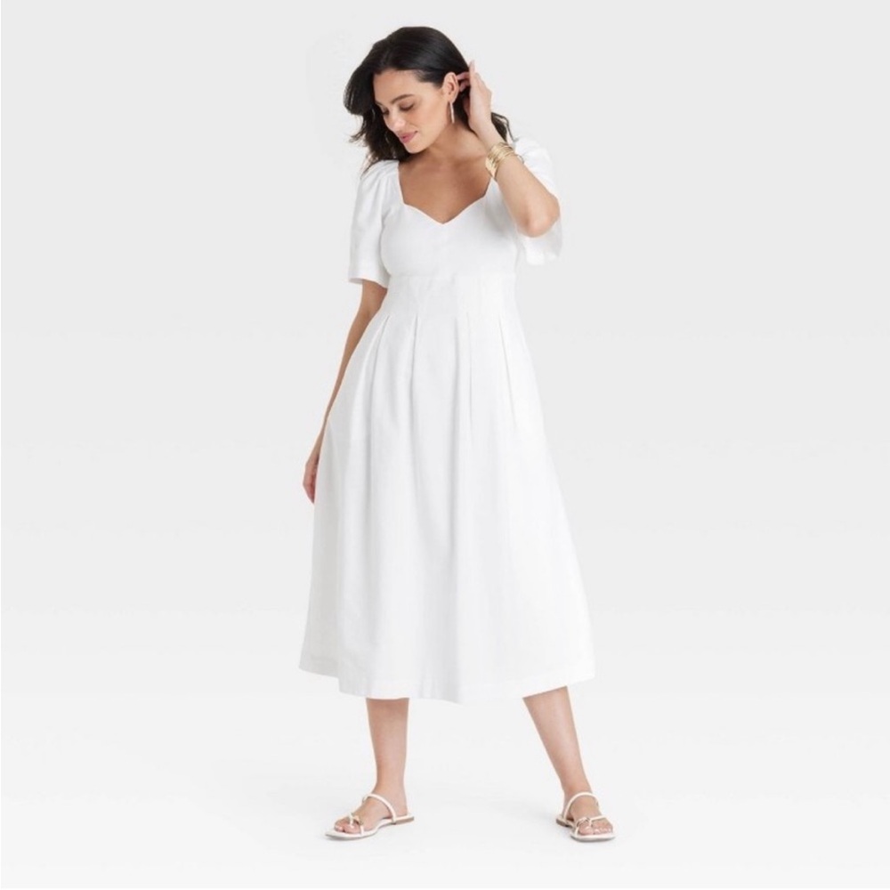 a new day White Sweetheart Cotton Midi Dress with Short Sleeves & Pockets